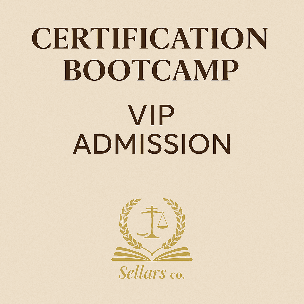 Certification Bootcamp VIP Admission text with scales of justice logo below.