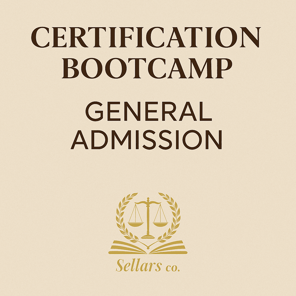 Certification Bootcamp flyer with scales of justice logo and Sellars Co. branding on cream background.