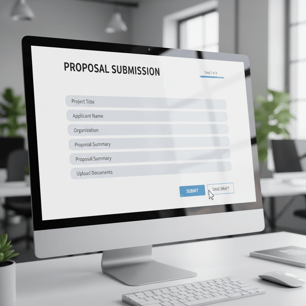 Close-up of monitor displaying clean, user-friendly proposal submission form interface with draft-save functionality Close-up of monitor displaying clean, user-friendly proposal submission form interface with draft-save functionality